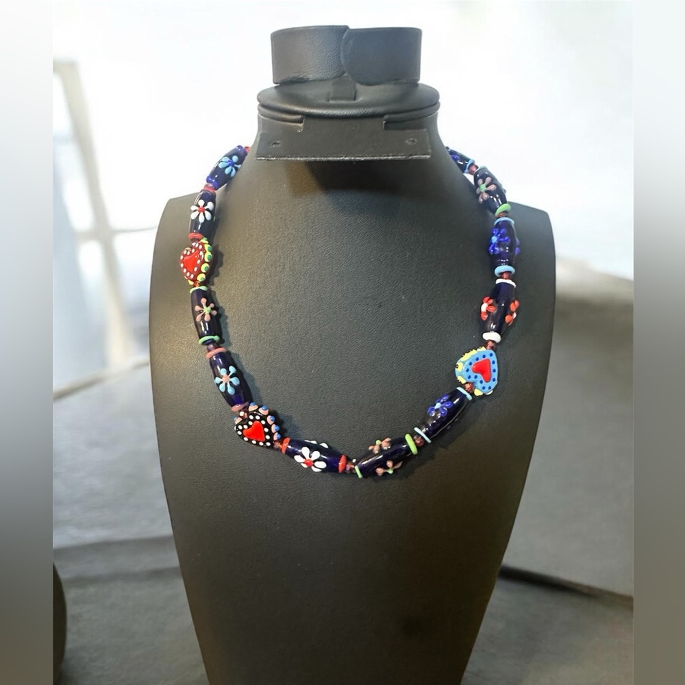 Murano Glass Hearts w/ Evil Eyes Flowers Venetian Style Necklace HANDMADE
